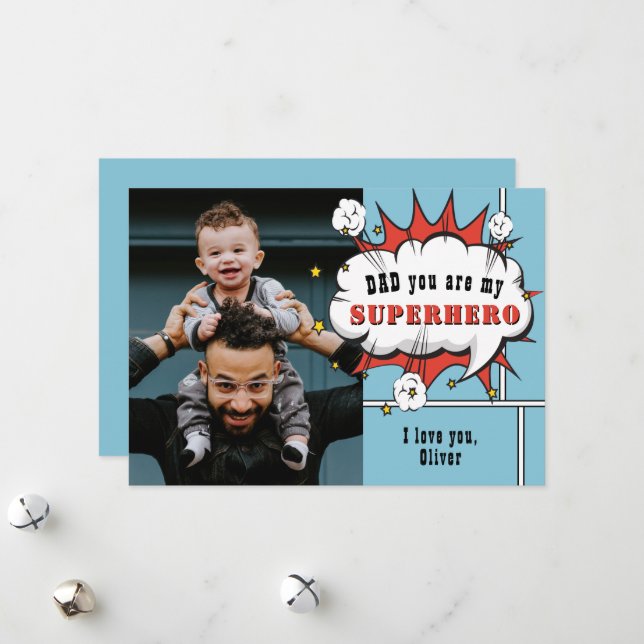 Dad Superhero Comic Speech Bubble Photo  Holiday Card (Front/Back In Situ)