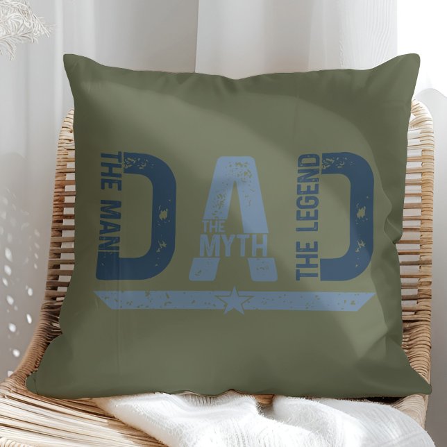 "DAD The Man Mith Legend" Father's Day Gift Cushion ("DAD The Man Mith Legend" Father's Day Gift Throw Pillow in a sunny neutral rattan arm chair)