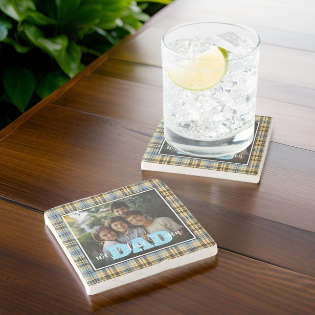 Dad We Love You Blue Yellow Plaid Custom Photo Stone Coaster (Creator Uploaded)