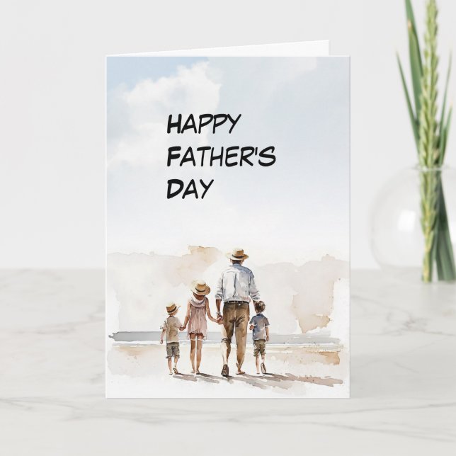 Dad with 3 children walking a Beach Father's Day Card (Front)
