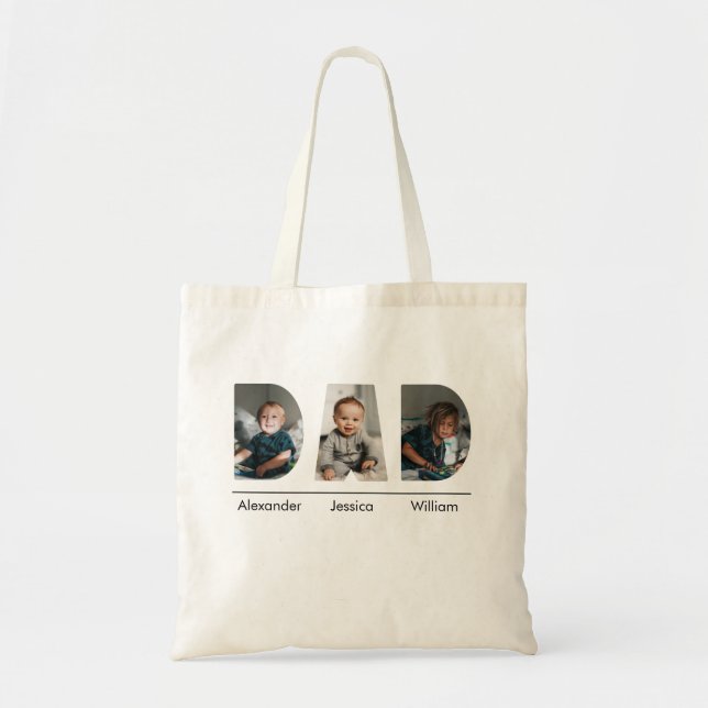 Dad with custom 3 kids photo and name tote bag (Front)