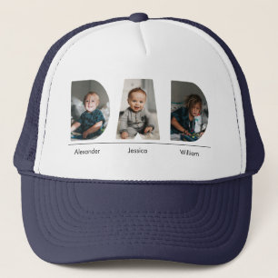 Dad with custom 3 kids photo and name trucker hat