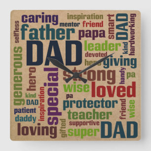 Dad Word Cloud Text Father's Day Typography Square Wall Clock