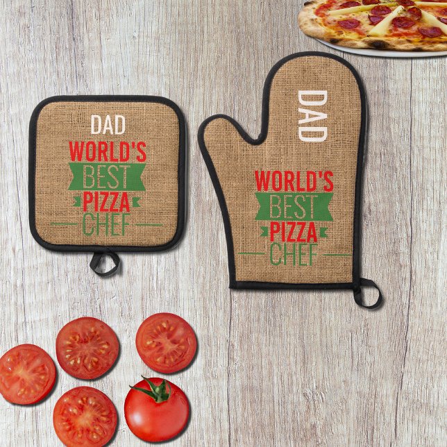 Dad -World's Best Pizza Chef no3 Oven Mitt & Pot Holder Set (Creator Uploaded)