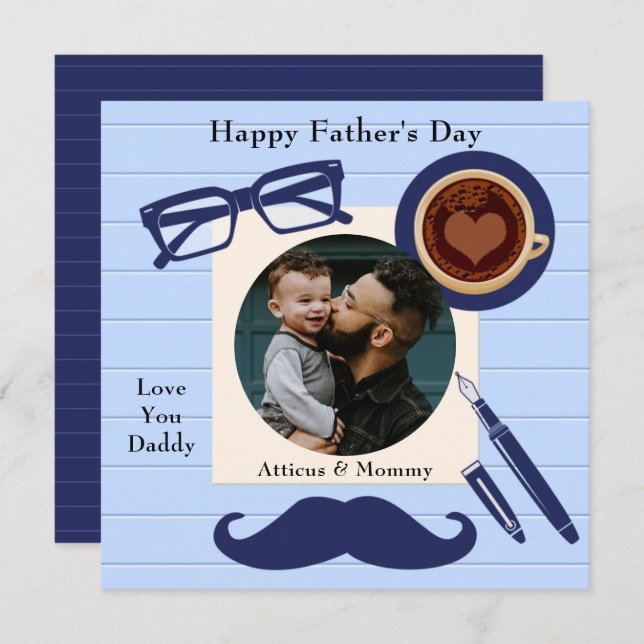 Daddy Blue Moustache Coffee Happy Fathers Day Card (Front/Back)