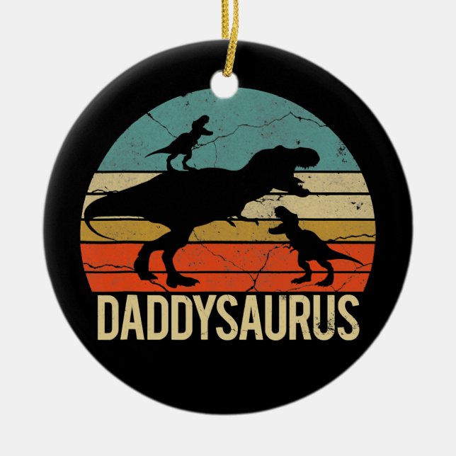Daddy Dinosaur Daddysaurus 2 Two Kids Christmas Ceramic Ornament (Front)