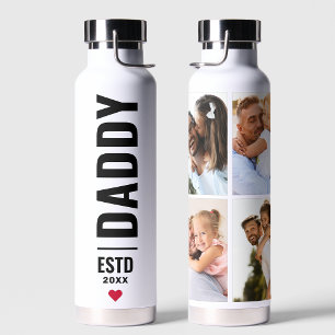 Daddy Established Custom Date 4 Photo Collage Water Bottle