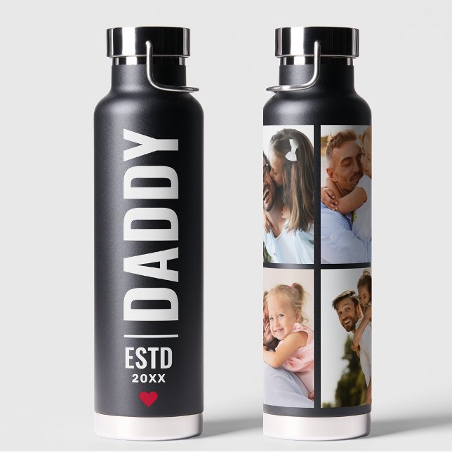 Daddy Established | Custom Date 4 Photo Dad Gift  Water Bottle (Creator Uploaded)