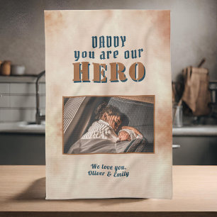 Daddy Hero Watercolor Father Keepsake Family Photo Tea Towel