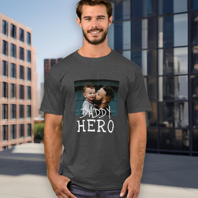 Daddy Hero White Typography Dad Photo Grey T-Shirt (Creator Uploaded)