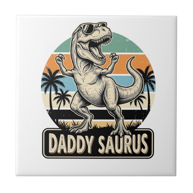 Daddy Saurus Retro Dinosaur Sunset Shirt Design_1 Ceramic Tile (Front)