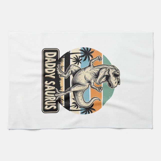 Daddy Saurus Retro Dinosaur Sunset Shirt Design_1 Tea Towel (Horizontal)
