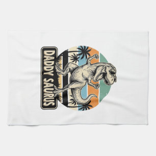 Daddy Saurus Retro Dinosaur Sunset Shirt Design_1 Tea Towel