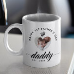 Daddy Script Happy First Father's Day Heart Photo Coffee Mug<br><div class="desc">Wish your new dad a happy first Father's Day with this special and memorable daddy script first Father's Day photo mug. The design features "daddy" modern script typography design with "Happy 1st Father's Day" and a personalised photo displayed in a heart shape. Cute little baby footprints with heart graphic adds...</div>