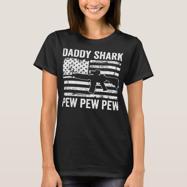 Daddy Shark Pew Pew - Funny AR15 USA Flag Gun Lovi T-Shirt (Front)