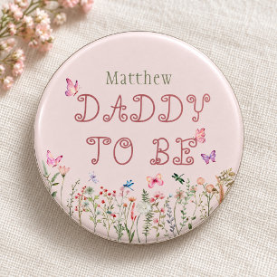 Daddy to Be Pink Wildflower Butterfly Baby Shower 7.5 Cm Round Badge
