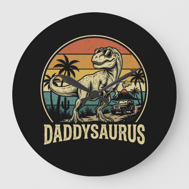 Daddy Trex Dinosaur Daddysaurus Retro Fathers Day  Large Clock (Front)