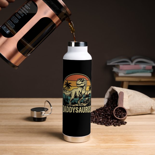 Daddy Trex Dinosaur Daddysaurus Retro Fathers Day  Water Bottle (Coffee (Rotated))
