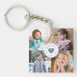 Daddy We Love You Blue Heart Kids Photo Collage Key Ring