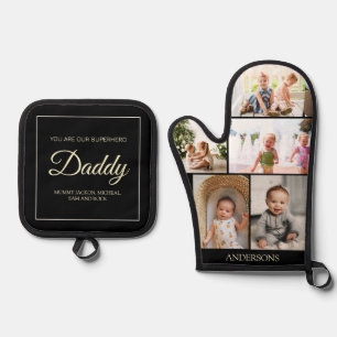 Daddy You are our Superhero 5 Photo Collage Oven Mitt & Pot Holder Set