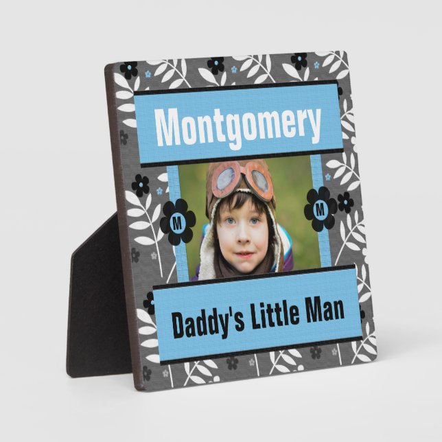 Daddys Boy Blue Retro Floral Baby Photo Plaque (Front)