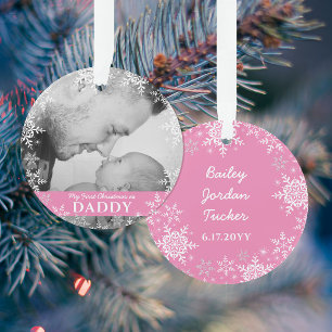 Daddy's First Christmas Snowflakes Pink Girl Photo Ornament
