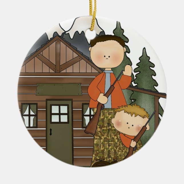 Daddys Little Hunter Rustic Log Cabin Customisable Ceramic Ornament (Front)