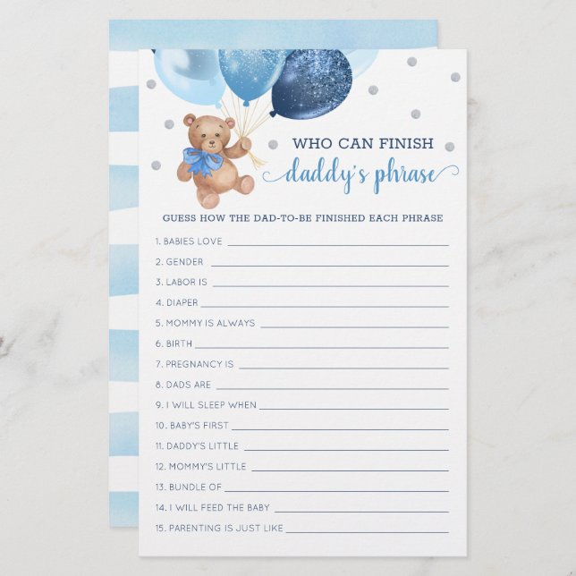 Daddy's Phrase Game Baby Shower Teddy Bear  (Front/Back)