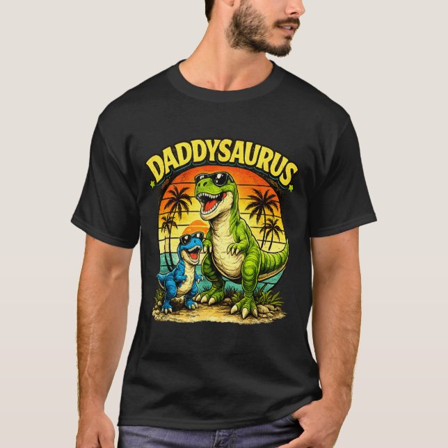 Daddysaurus funny dinosaur dad retro sunset T-Shirt (Front)