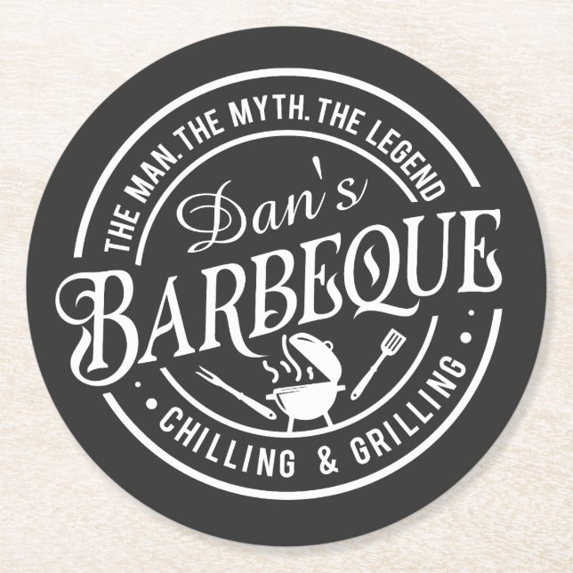 Dad's Barbeque | Man, Myth, Legend Round Paper Coaster (Front)