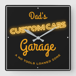 Dad's Custom Cars Garage Gold Faux Neon Funny Square Wall Clock