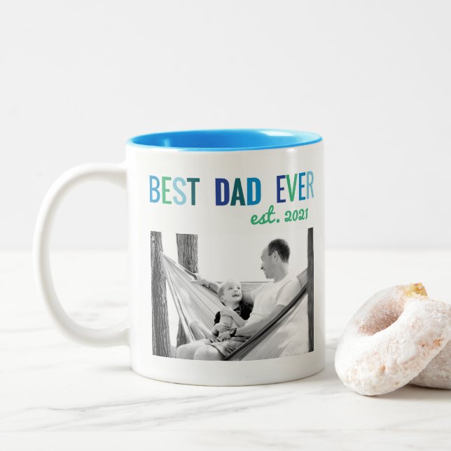 Dads Custom Photo Best Dad Ever with Year Father's Two-Tone Coffee Mug (With Donut)