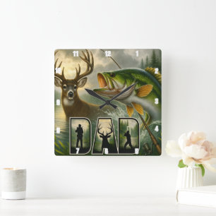 Dad's Deer Hunting Fishing Wildlife Square Wall Clock
