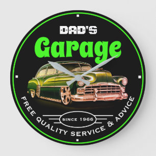 Dad's Garage Any Name Always Open Green Fonts Large Clock