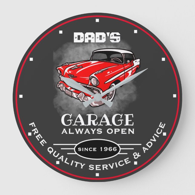 Dad's Garage Any Name Always Open Red Car Grey Large Clock (Front)