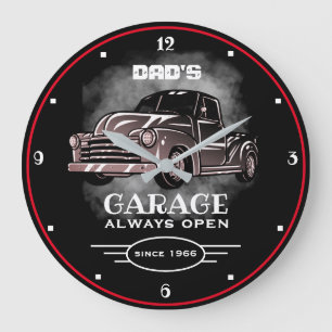 Dad's Garage Any Name Always Open Slogan Black Large Clock