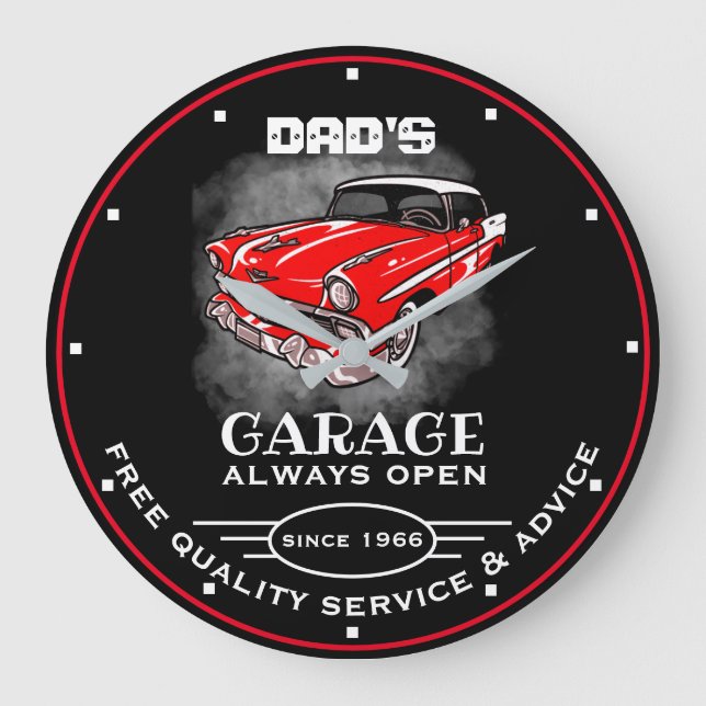 Dad's Garage Any Name Always Open Slogan Red Car Large Clock (Front)