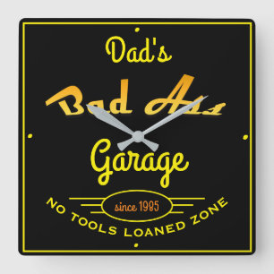Dad's Garage Black and Yellow Bad A Garage Square Wall Clock