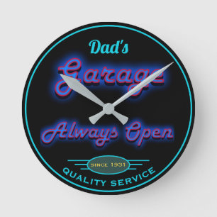 Dad's Garage Blue Neon Look Any Date Any Name - Round Clock