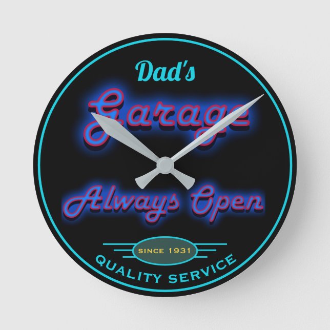 Dad's Garage Blue Neon Look Any Date Any Name - Round Clock (Front)
