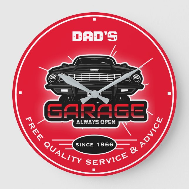 Dad's Garage For Any Name Red Black White Large Clock (Front)
