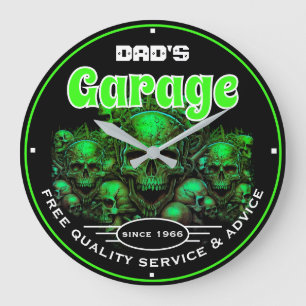 Dad's Garage Green Skulls Automotive Mechanic Large Clock