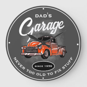 Dad's Garage Old Truck Tools Grey Funny Slogan Large Clock