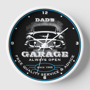 Dad's Garage or Any Name Always Open Fifties Car Clock