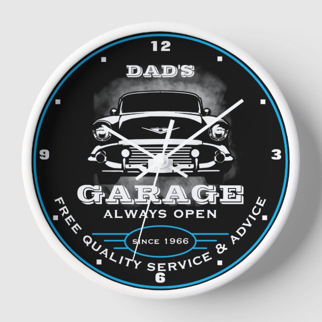 Dad's Garage or Any Name Always Open Fifties Car Clock (Front)