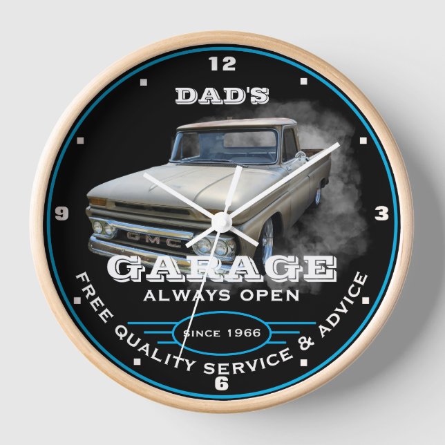 Dad's Garage or Any Name Always Open Gold Truck Clock (Front)