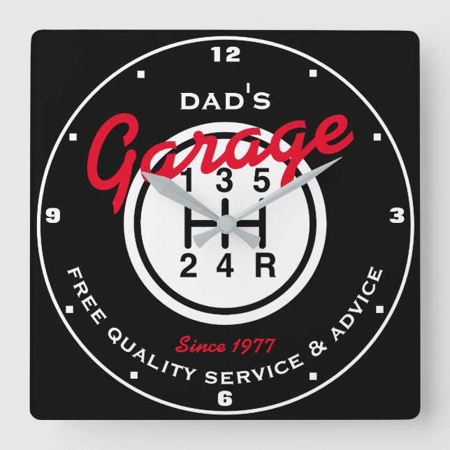 Dad's or Any Name Garage Black White Shift Knob  Square Wall Clock (Front)