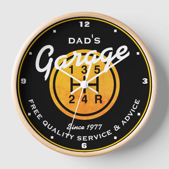 Dad's or Any Name Garage Gold Sports Shift Knob  Clock (Front)