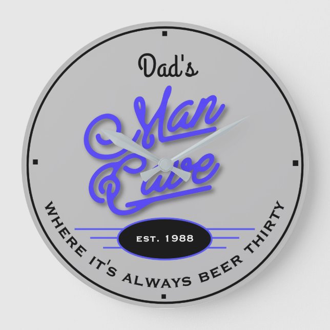 Dad's or Any Name Man Cave Retro Blue Gray Funny Large Clock (Front)