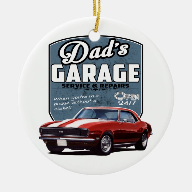 Dad's Red Camaro Garage Ceramic Ornament (Front)